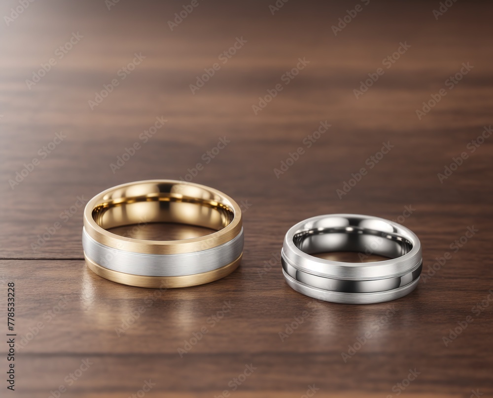 Two wedding rings, one in gold and the other in silver, sitting on a wooden surface. Two wedding rings, one in gold and the other in silver, sitting on a wooden surface.