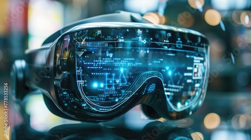 A futuristic augmented reality headset, overlaying digital information and immersive virtual elements onto the real world with advanced spatial mapping and gesture recognition technology. photo