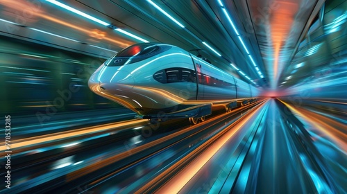 A futuristic high-speed train, traveling at blistering speeds along magnetic levitation tracks with ultra-smooth acceleration and deceleration for rapid intercity transportation.