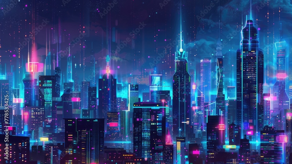 A futuristic smart city skyline, illuminated with vibrant LED lights and interconnected infrastructure for sustainable energy, efficient transportation, and smart governance.