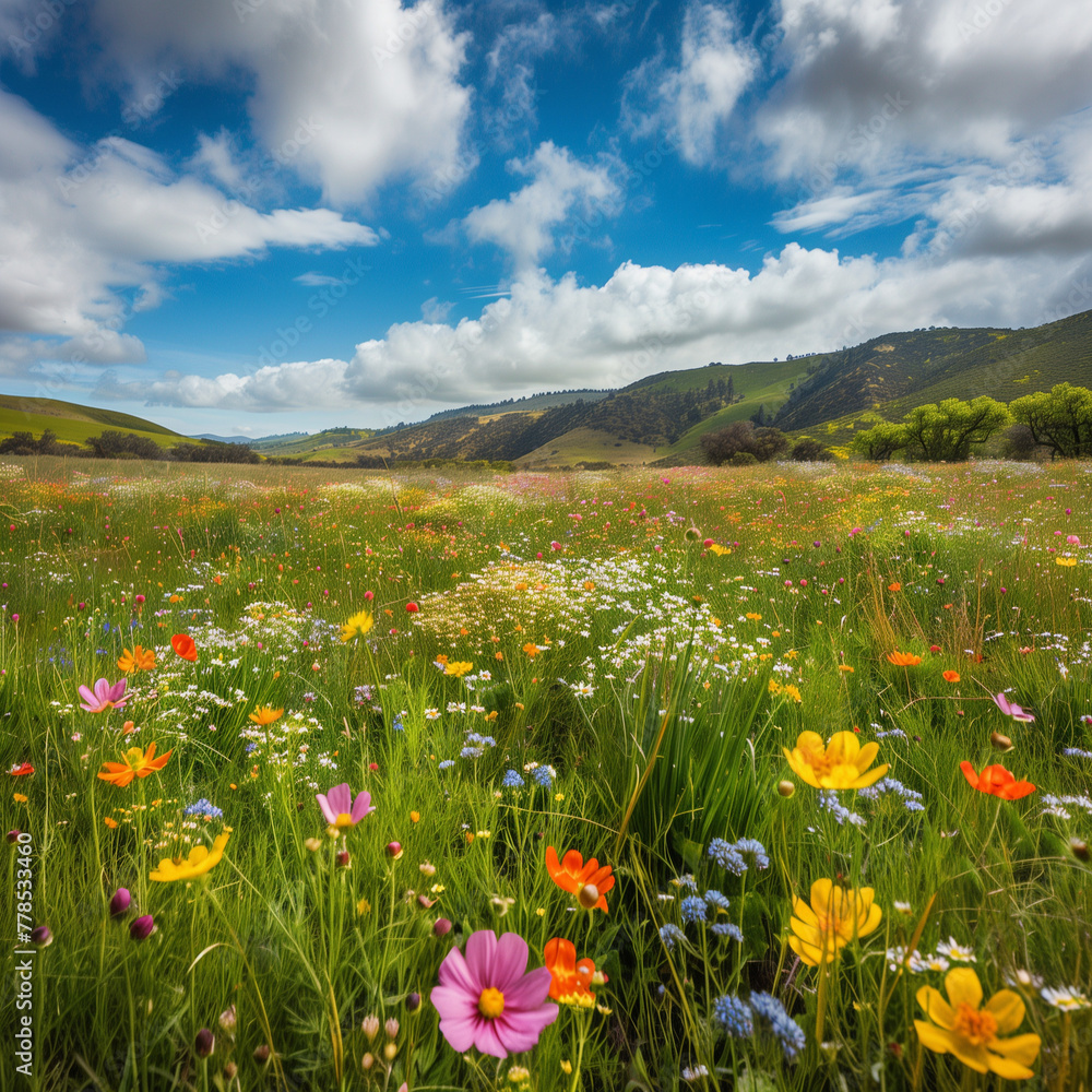 Vibrant Spring Meadow with Colorful Wildflowers and Scenic Hills