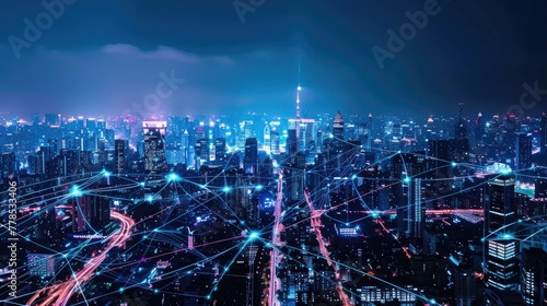 A futuristic smart city skyline, illuminated with vibrant LED lights and interconnected infrastructure for sustainable energy, efficient transportation, and smart governance.