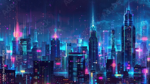 A futuristic smart city skyline  illuminated with vibrant LED lights and interconnected infrastructure for sustainable energy  efficient transportation  and smart governance.