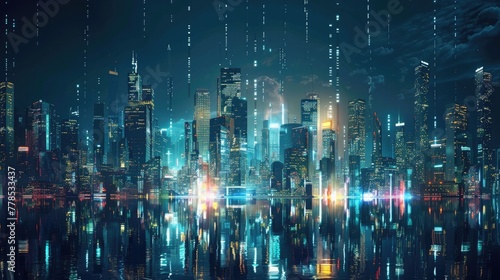 A futuristic smart city skyline  illuminated with vibrant LED lights and interconnected infrastructure for sustainable energy  efficient transportation  and smart governance.