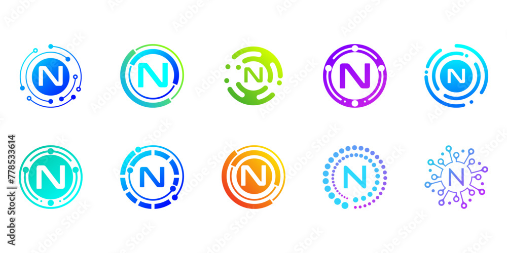 Collection of creative modern digital technology letter N logos. logo can be used for technology, digital, connection, data, electricity companies. Collection of creative modern digital technology letter N logos. logo can be used for technology, digital, connection, data, electricity companies.