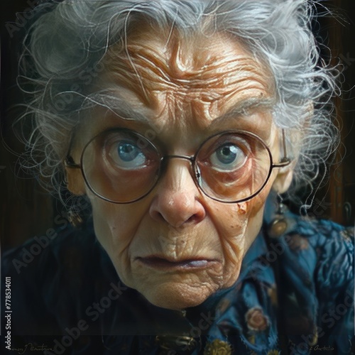 Portrait of an old woman grandmother with wrinkles, wearing glasses. Angry grandma. Strict grandmother. Dissatisfied facial expression, negative emotions. Women's psychology. Psychology of old age.