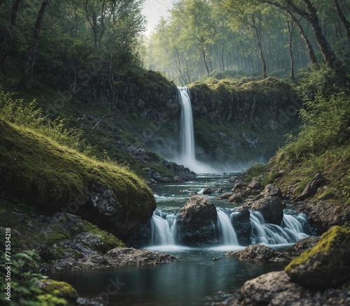 A small waterfall in the middle of a lush green forest.