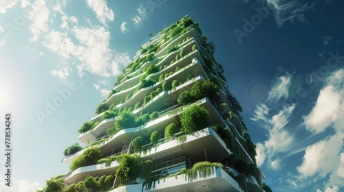 A futuristic vertical farming skyscraper, housing multilevel hydroponic and aeroponic cultivation systems for year-round production of fresh produce in urban environments with limited land space. photo