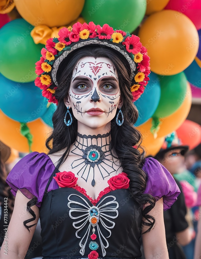 A woman wearing a colorful costume with a flower crown on her head. A woman wearing a colorful costume with a flower crown on her head.
