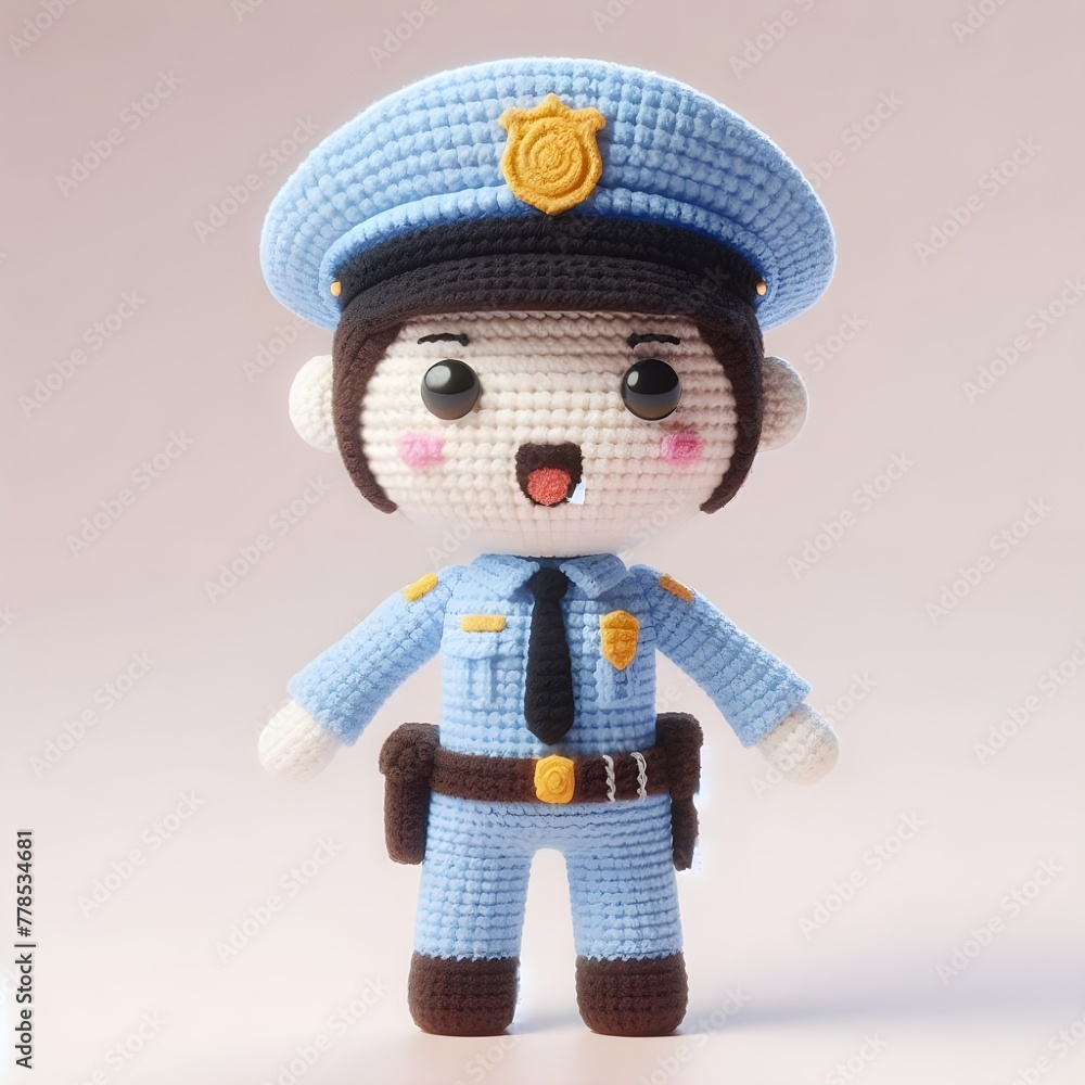 Ai Generated Crochet doll a Police cute excited funny smiling wearing uniform and equipment, is standing, 3d render Ai Generated Crochet doll a Police cute excited funny smiling wearing uniform and equipment, is standing, 3d render