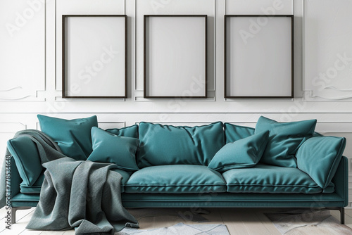 A chic Scandinavian living room with a turquoise sofa set against a creamy white wall. Three empty mock-up poster frames