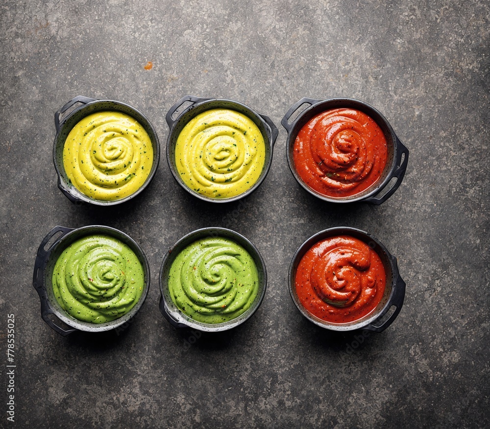 Four bowls of different colored sauces on a table.