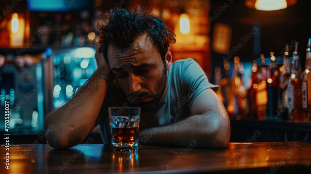 Sad drunk man sitting in bar and drink. Life problems concept