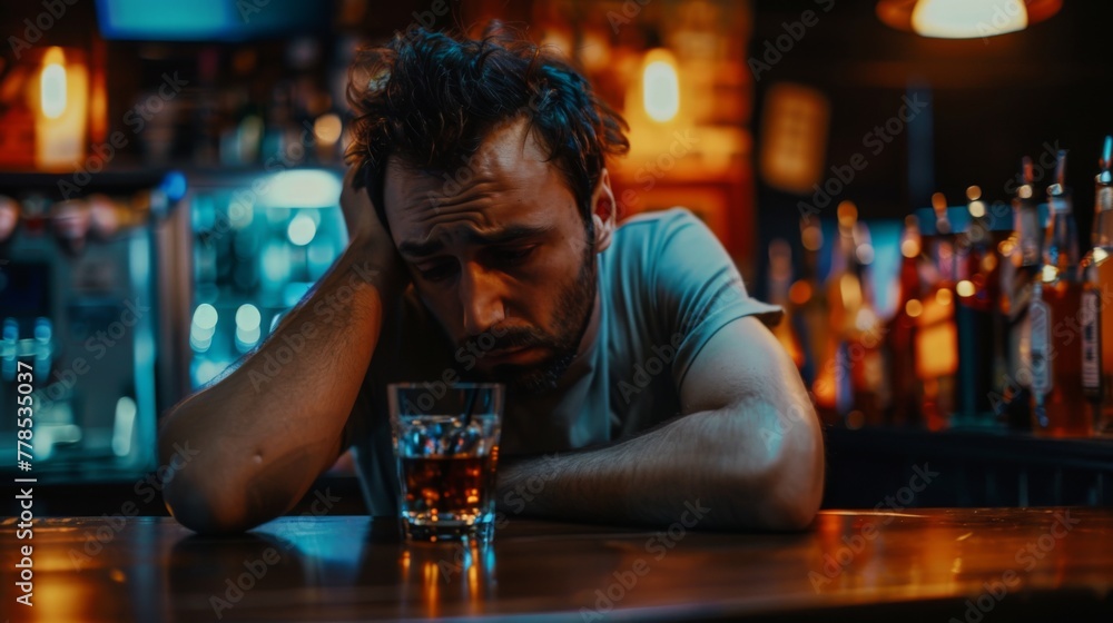 Sad drunk man sitting in bar and drink. Life problems concept Sad drunk man sitting in bar and drink. Life problems concept