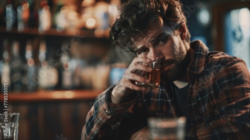 Sad drunk man sitting in bar and drink. Life problems concept