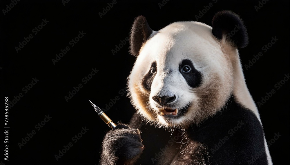Obraz premium Stunning Panda Portrait: Professional Studio Setup with Key Light, Providing Ample Copy Space Against Black Background