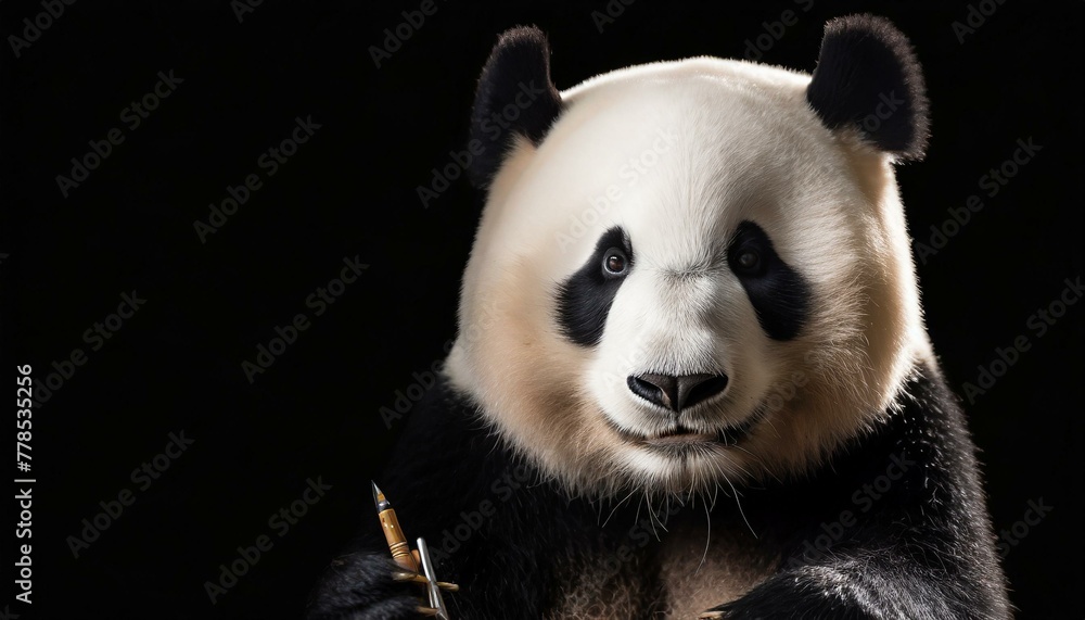 Fototapeta premium Stunning Panda Portrait: Professional Studio Setup with Key Light, Providing Ample Copy Space Against Black Background