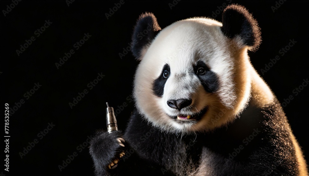 Fototapeta premium Stunning Panda Portrait: Professional Studio Setup with Key Light, Providing Ample Copy Space Against Black Background