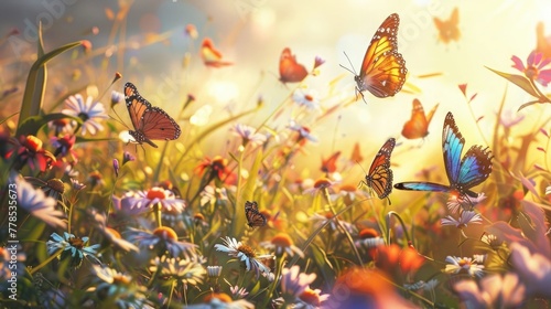 A group of colorful butterflies, fluttering among the wildflowers in a sun-drenched meadow with delicate grace. photo
