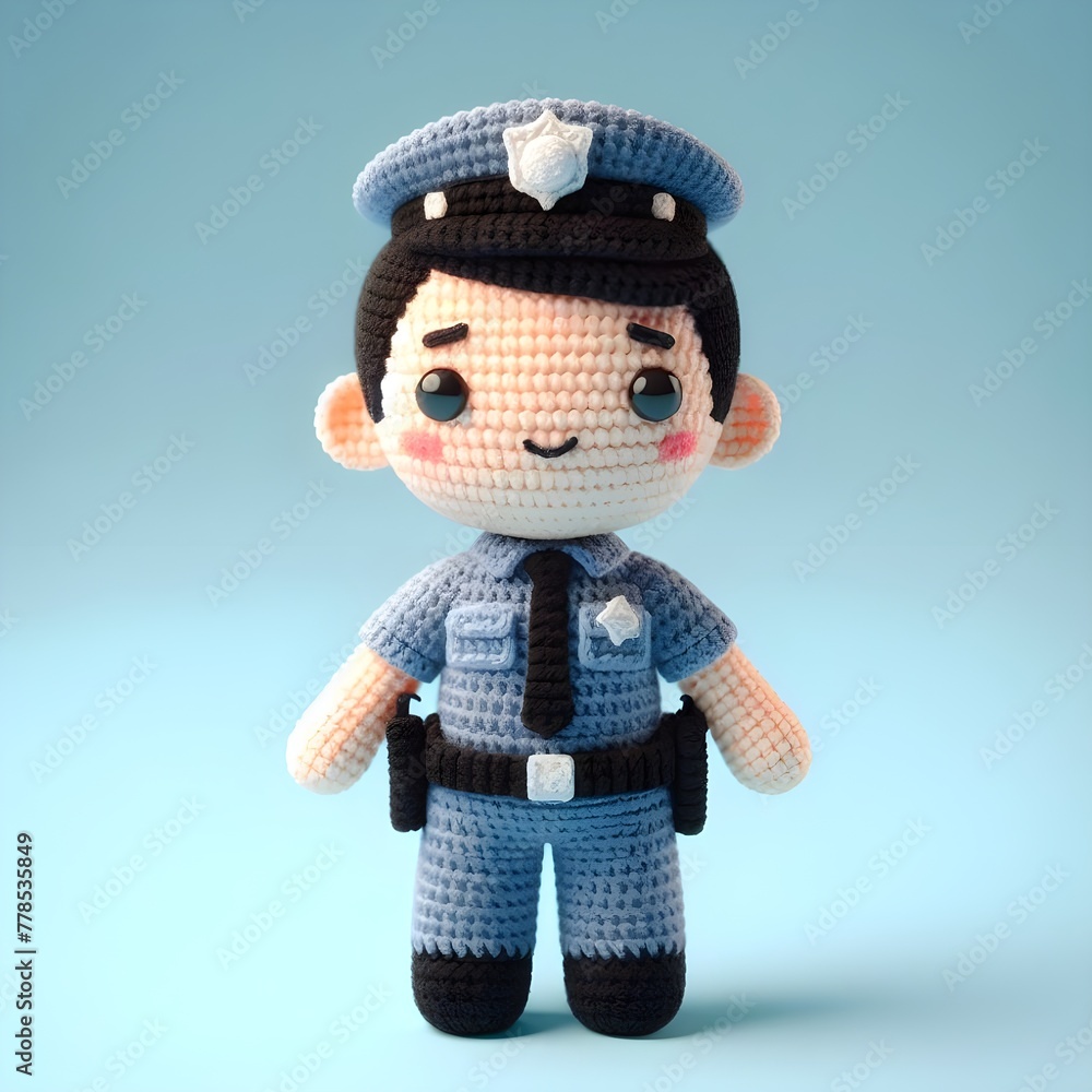 Ai Generated Crochet doll a Police cute excited funny smiling wearing uniform and equipment, is standing, 3d render Ai Generated Crochet doll a Police cute excited funny smiling wearing uniform and equipment, is standing, 3d render