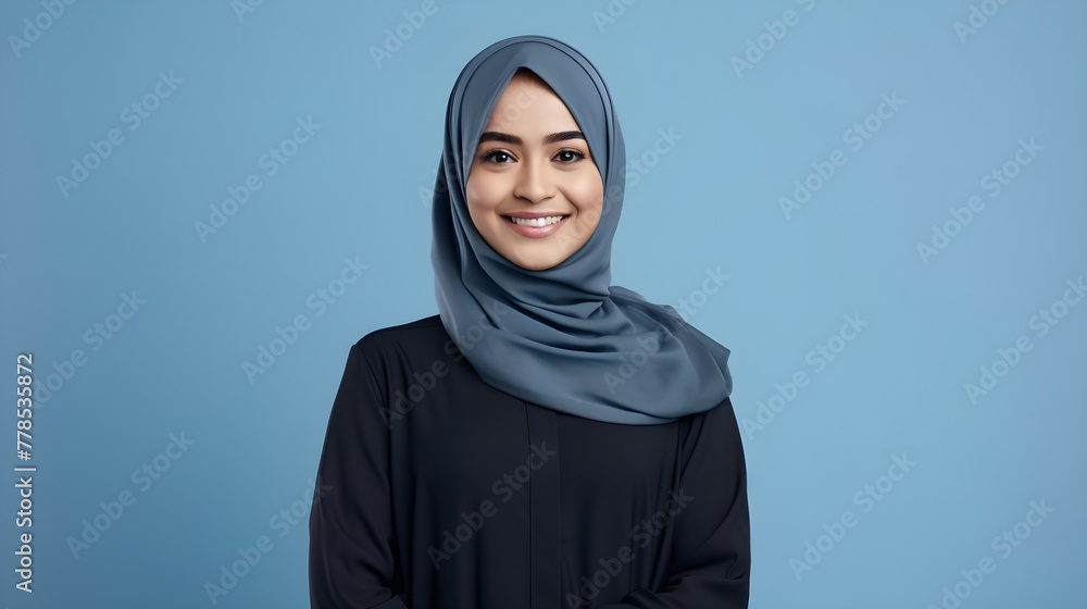 Close-up portrait of attractive arabic woman wearing scarf on blue background. Business concept Close-up portrait of attractive arabic woman wearing scarf on blue background. Business concept