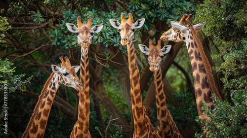 A group of giraffes  their long necks reaching up to nibble leaves from the highest branches of the acacia trees.