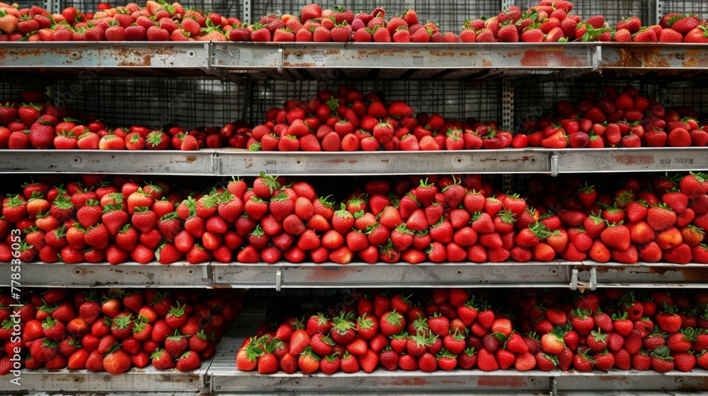Strawberry berry fruit on farm supermarket shelf wallpaper background