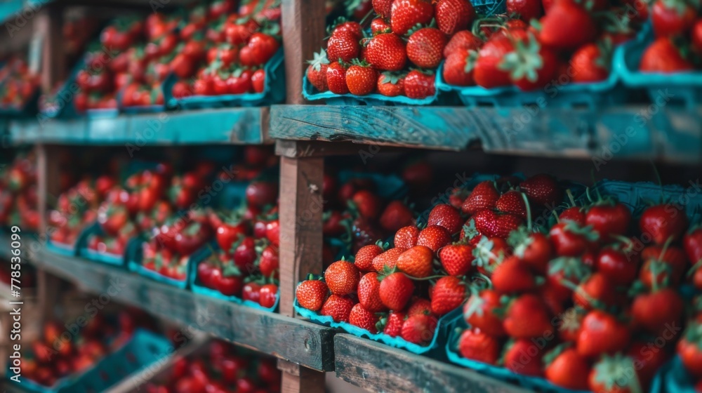 Strawberry berry fruit on farm supermarket shelf wallpaper background