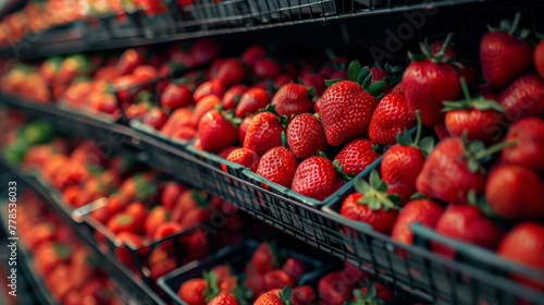 Strawberry berry fruit on farm supermarket shelf wallpaper background photo