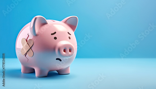 Sad broken piggy bank with adhesive bandage isolated on a blue background with copy space – economy, finance, savings, crisis, problem, bankruptcy, expense, debt, frugality, loss, recovery concept