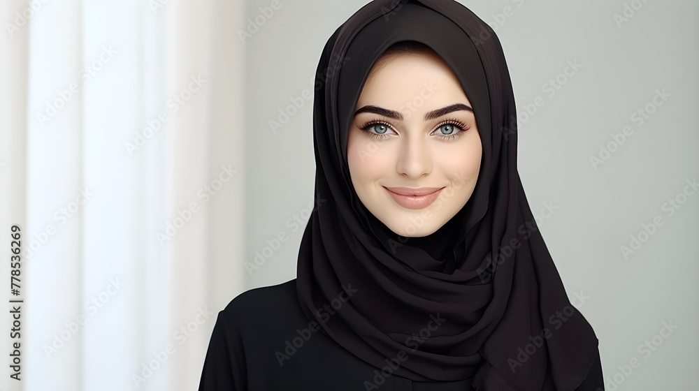 Close-up portrait of attractive arabic woman wearing scarf on grey background. Business concept Close-up portrait of attractive arabic woman wearing scarf on grey background. Business concept