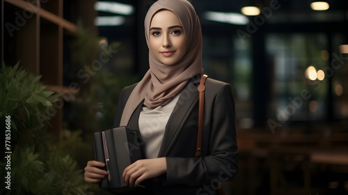 Beautiful muslim woman in hijab holding book outdoor. business concept