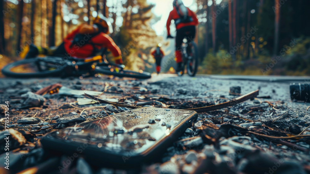 Naklejka premium Cyclist's Tragic End Highlighted by Broken Phone. Shattered Phone and Ambulances