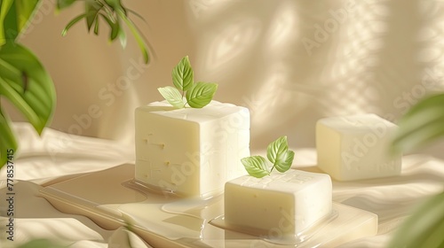 Freshly Crafted Cheese Cube with Aromatic Herb Garnish on Rustic Wooden Surface