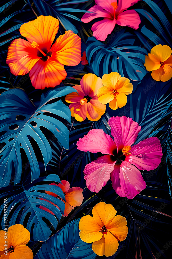 A collection of vibrant flowers and plants, exuding a summer vacation vibe, petals and lush green, summer vacation vibe