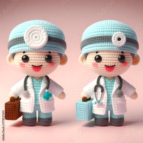 Ai Generated Crochet doll a doctor cute excited funny smiling wearing uniform and equipment, is standing, 3d render photo