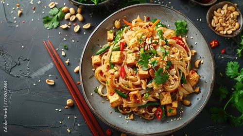 Flavorful Stir Fried Asian Noodle Dish with Tofu and Fresh Vegetables Served in a Bowl on Wooden Table with Chopsticks