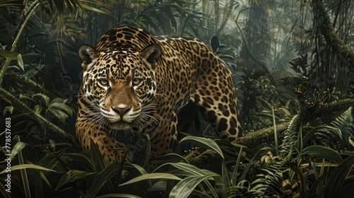 A lone jaguar, stealthily stalking its prey through the dense underbrush of the rainforest, its powerful muscles rippling beneath its spotted coat.