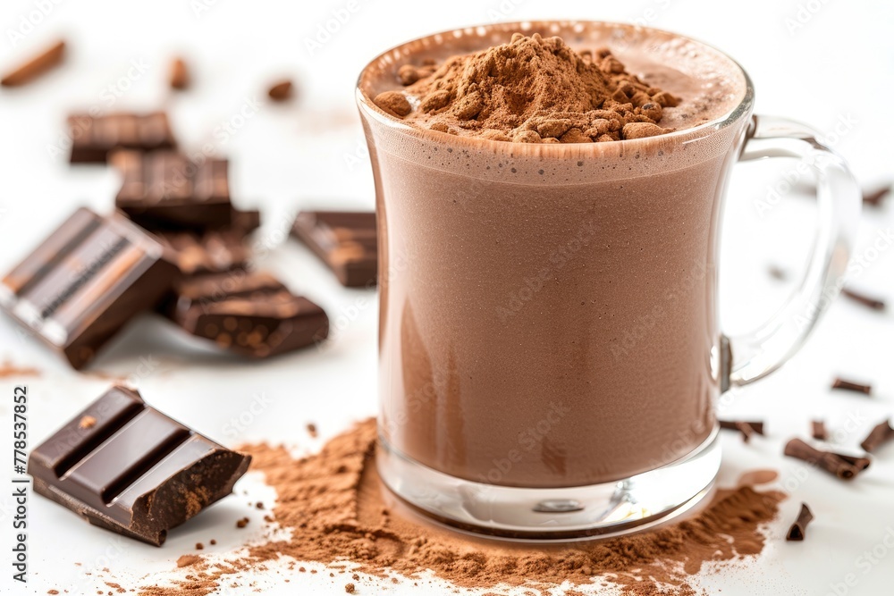 A glass of creamy hot chocolate topped with cocoa powder, surrounded by chocolate chunks and shavings on a white surface. A glass of creamy hot chocolate topped with cocoa powder, surrounded by chocolate chunks and shavings on a white surface.