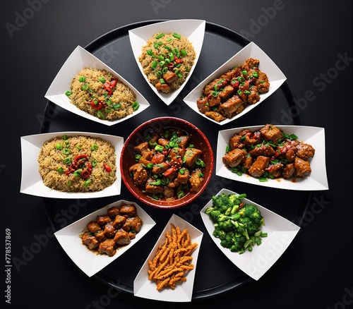 A plate of food with various dishes, including meat, vegetables, and rice.