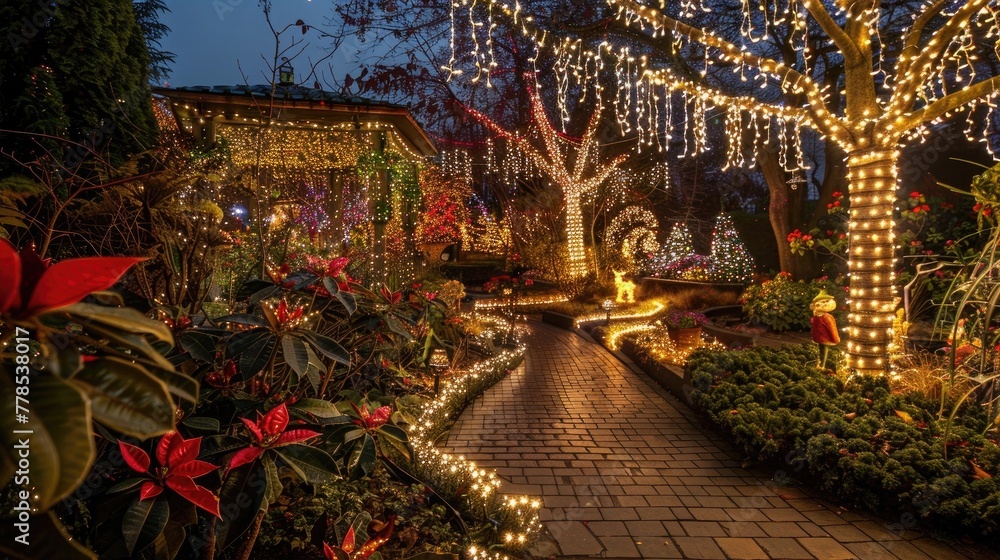 A magical holiday garden adorned with sparkling lights and whimsical decorations, with winding paths leading past festive displays and illuminated trees, offering a serene and enchanting escape for ho
