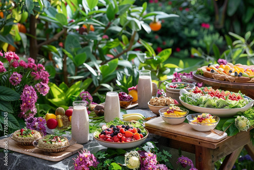 An elegant outdoor brunch setup in a lush garden  with a beautifully laid table featuring vegan brunch options