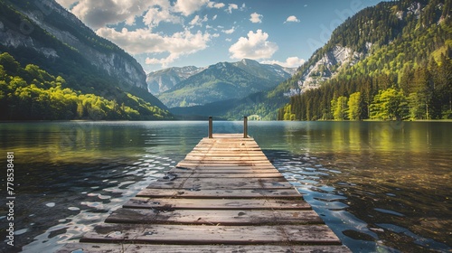 dock on the shore of a lake, in the mountains photo