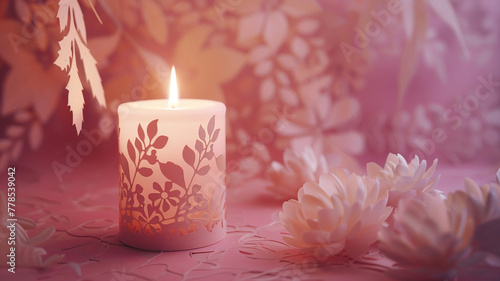 a Candlelight on a pink background, in the style of cinquecento, captured essence of the moment, layered expressiveness, intricate cut-outs backgrounds, film photography, studio photography photo