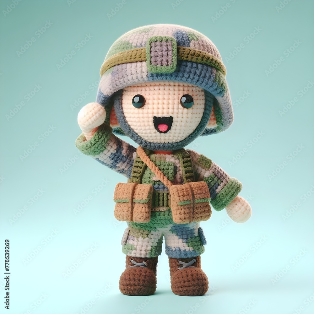Ai Generated Crochet doll Army cute excited funny smiling wearing uniform and equipment, is standing. 3d render Ai Generated Crochet doll Army cute excited funny smiling wearing uniform and equipment, is standing. 3d render