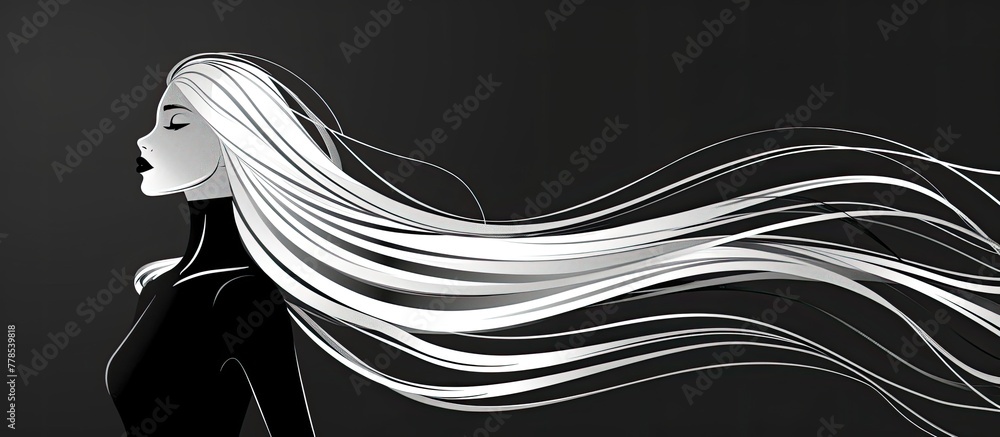 An automotive design inspired black and white illustration of a woman with long white hair flowing in the wind, creating a striking monochrome image An automotive design inspired black and white illustration of a woman with long white hair flowing in the wind, creating a striking monochrome image