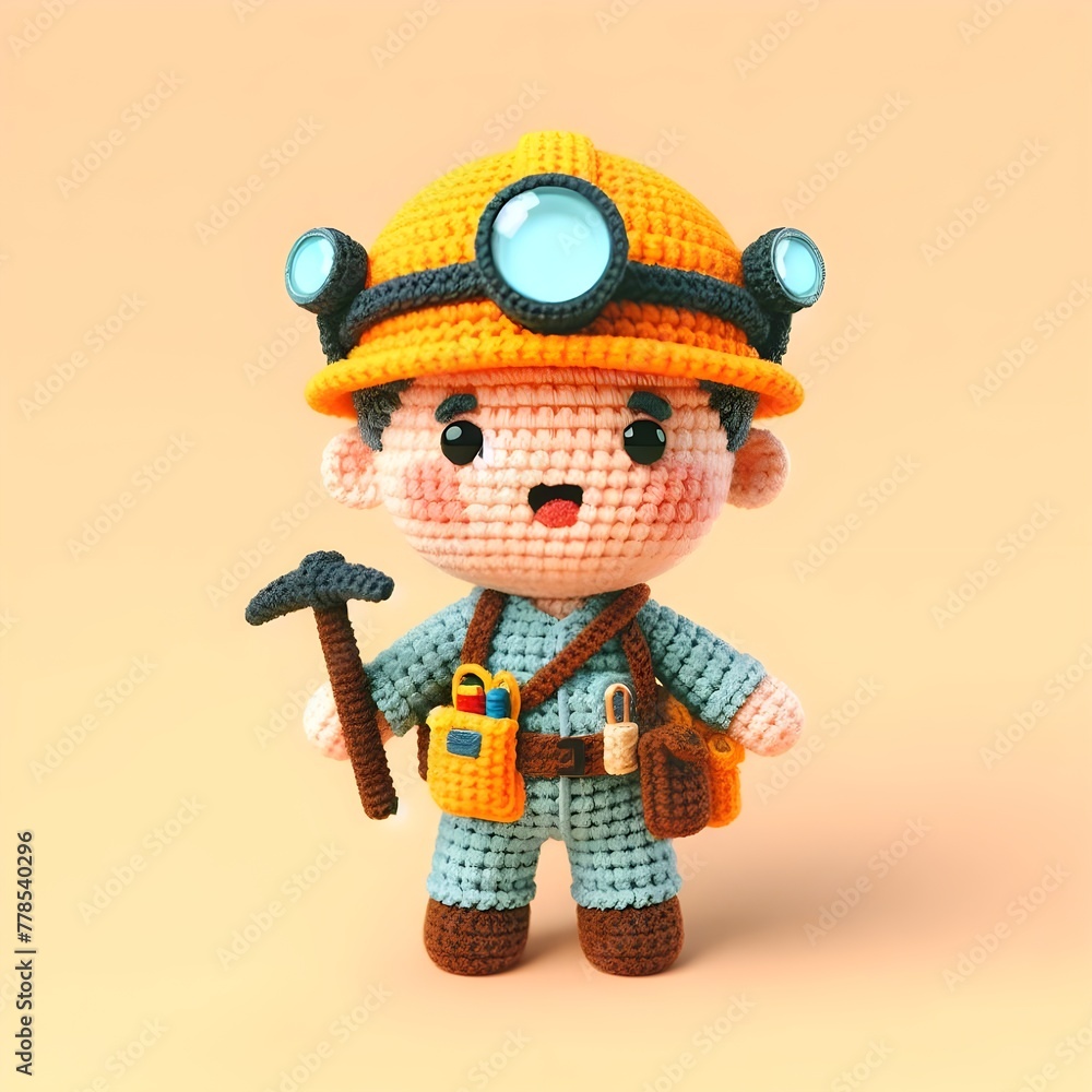 Ai Generated Crochet doll a mining worker cute excited funny smiling wearing uniform and equipment, is standing, 3d render Ai Generated Crochet doll a mining worker cute excited funny smiling wearing uniform and equipment, is standing, 3d render