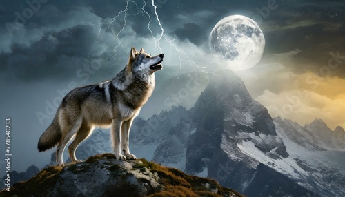A lone wolf howls at the moonlit sky, silhouetted against a mountain peak illuminated by lightning