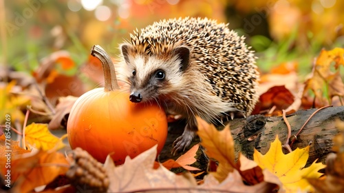 Hedgehog in the garden - nice autumnal picture photo