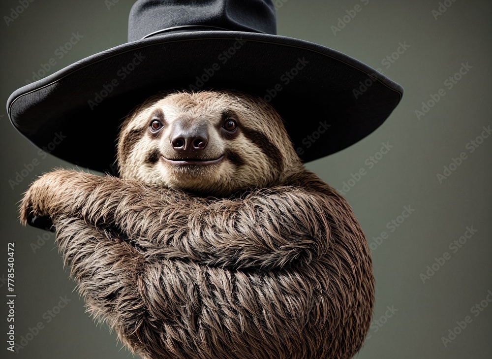 Fototapeta premium A sloth wearing a hat and standing on its hind legs.